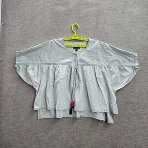 Lucky Brand Women Top Large Blue Chambray Cropped Puff Sleeve Tassel Tie